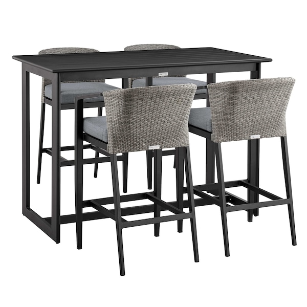 Armen Living Aileen Outdoor Patio 5-Piece Bar Table Set in Aluminum with Gray Cushions 840254333338 - main